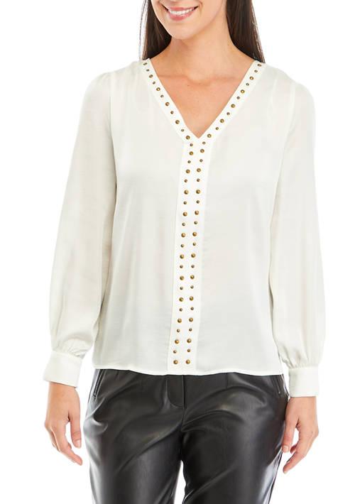 Carmen Marc Valvo Marc Valvo Womens V Neck Stud Front Blouse