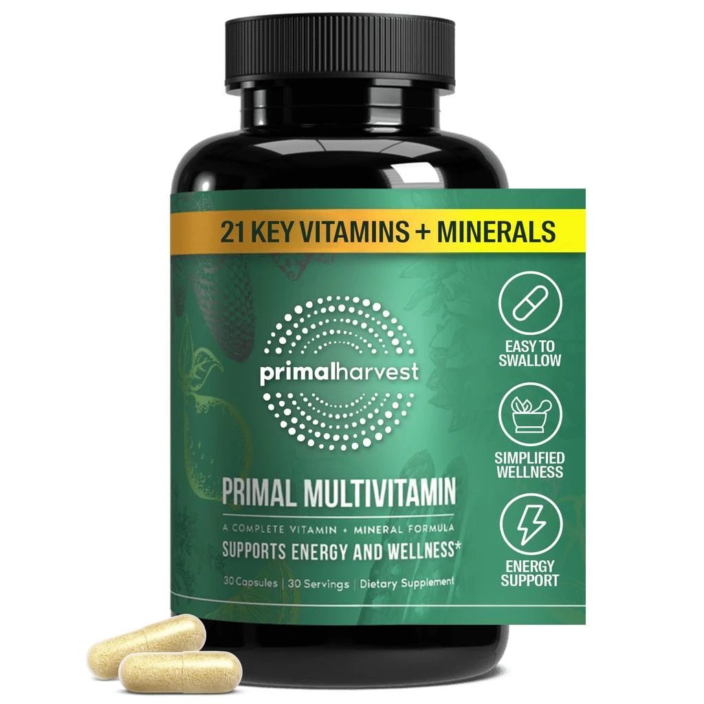 Primal Harvest Primal Harvest Primal Multivitamin - Daily Multi-Vitamin Supplement with 21 Essential Vitamins 
Minerals for Women 
Men - Vitamin A, C, D, E, B12, B6, Biotin, Folic Acid, Zinc, Copper 
Selenium