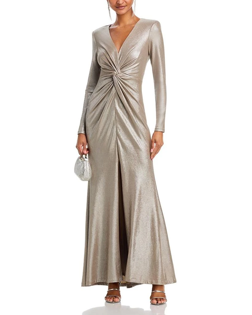 Eliza J Long Sleeved V Neck Twist Waist Mermaid Gown - Taupe - 12 Eliza J Long Sleeved V Neck Twist Waist Mermaid Gown - Taupe - 12