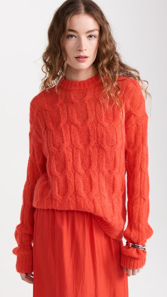 Tibi Soft Mohair Cable Crew Neck Easy Pullover