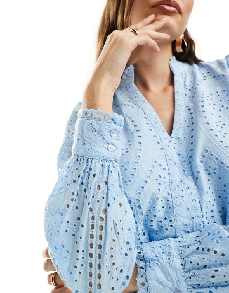Y.A.S. YAS broderie smock mini dress in baby blue - LBLUE
