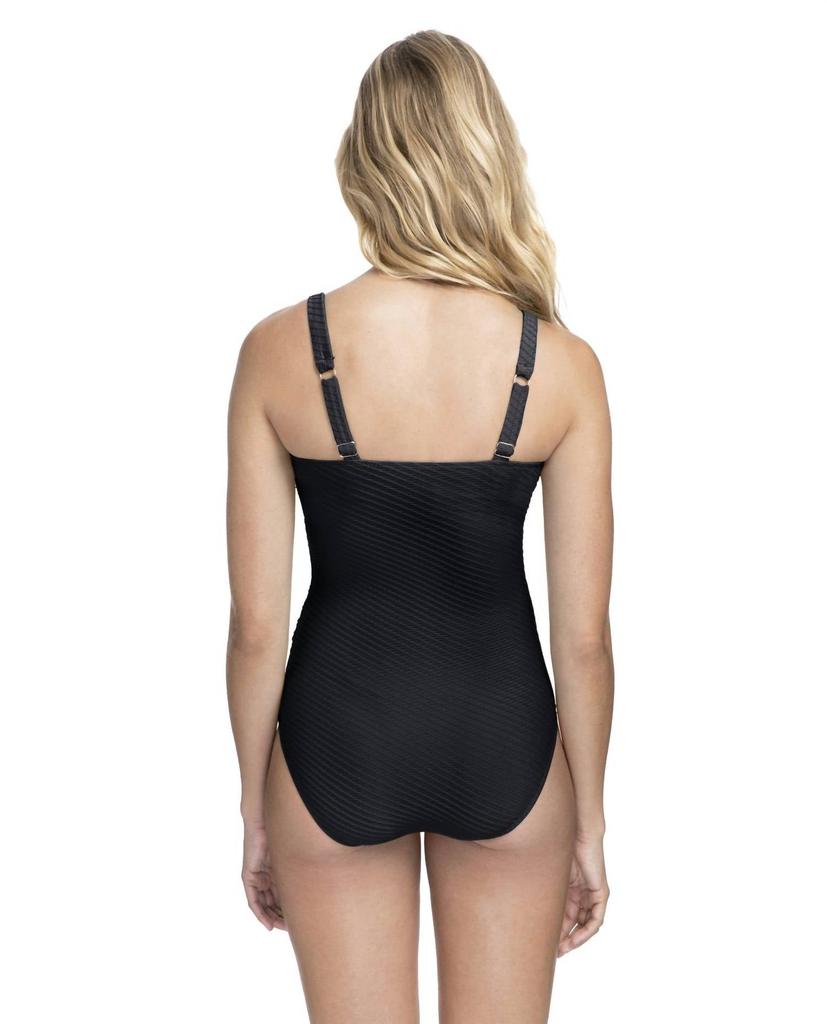 Profile by Gottex Textured Scoop Neck Shirred Underwire One Piece Swimsuit In Ribbons Black