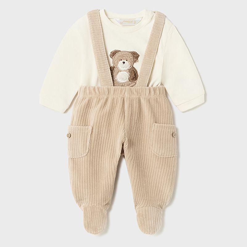 MAYORAL Beige Bear Graphic Overalls Outfit