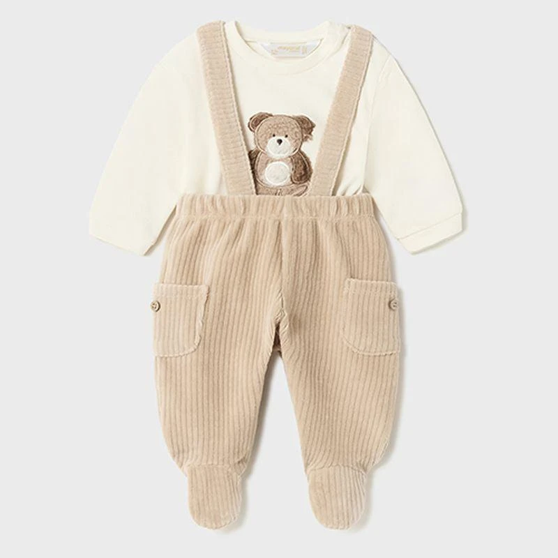 MAYORAL Beige Bear Graphic Overalls Outfit 1