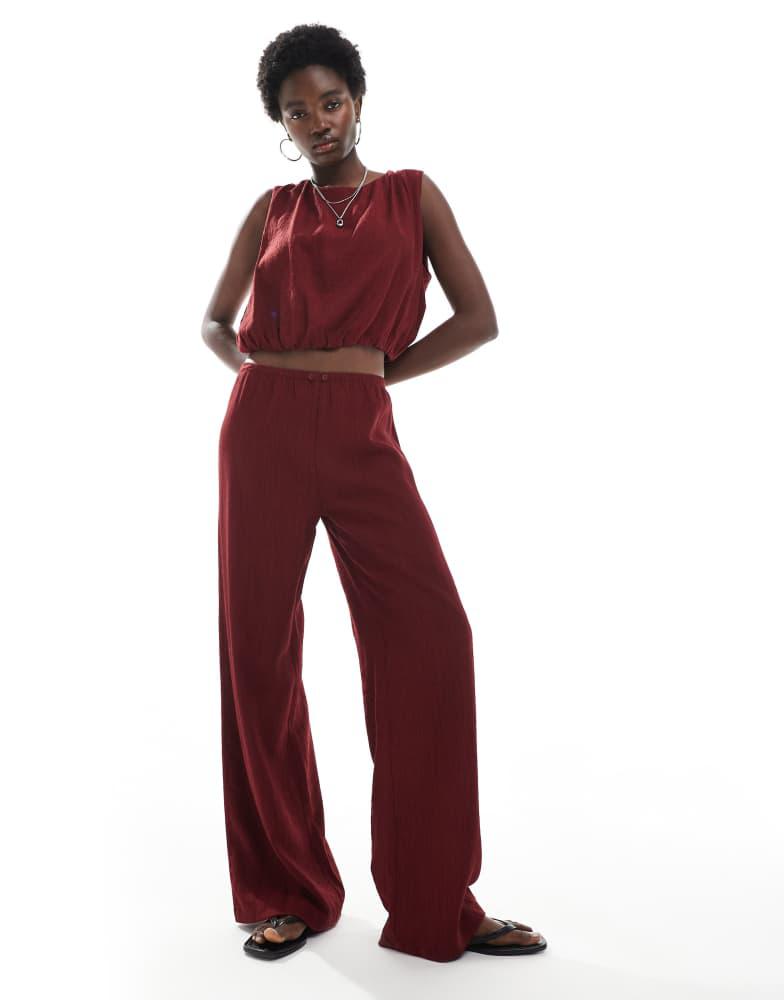 Pull&Bear Pull&Bear textured wide leg trouser co-ord in burgundy