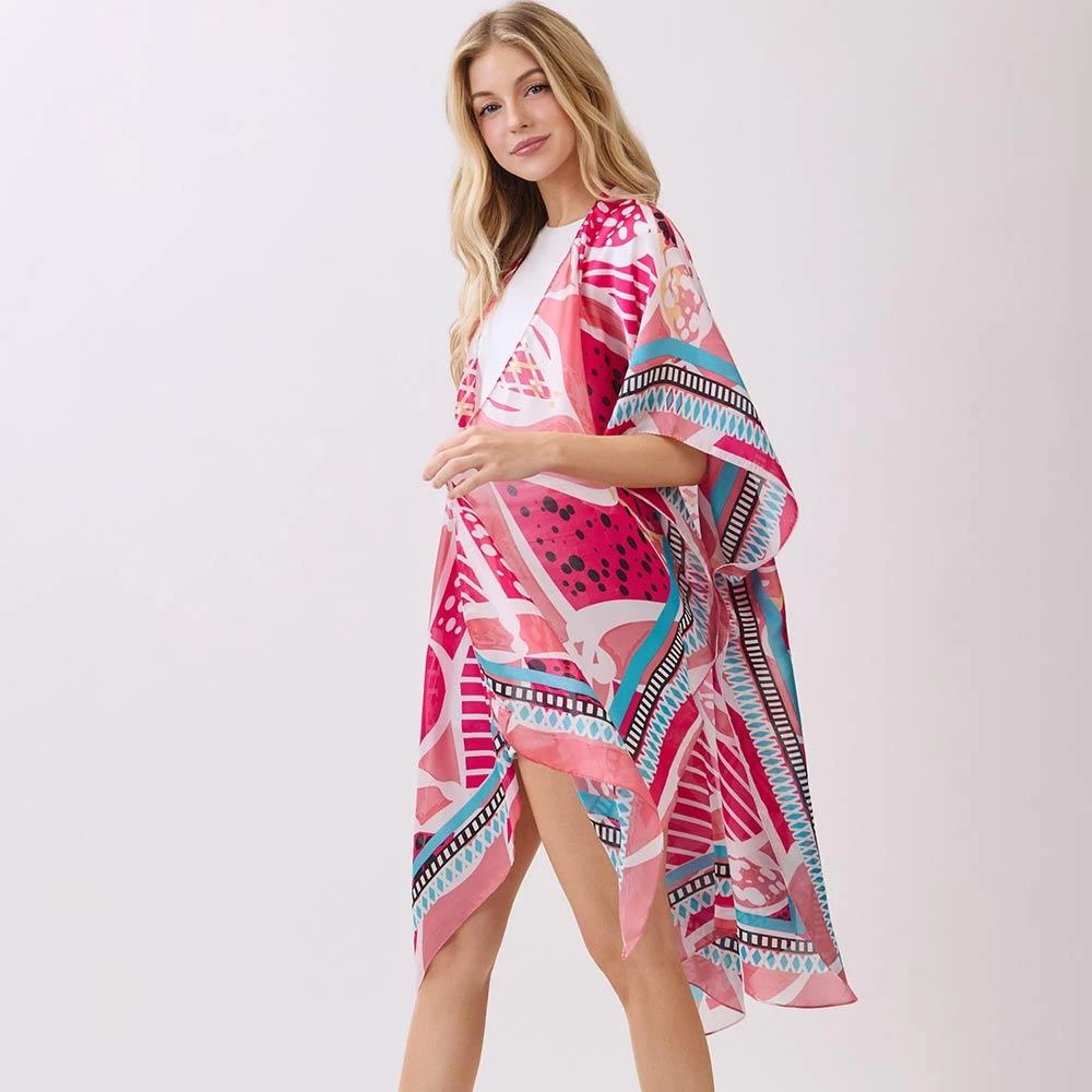 TRUEDAMES Abstract Botanical Print Silky Feel Kimono Poncho 2