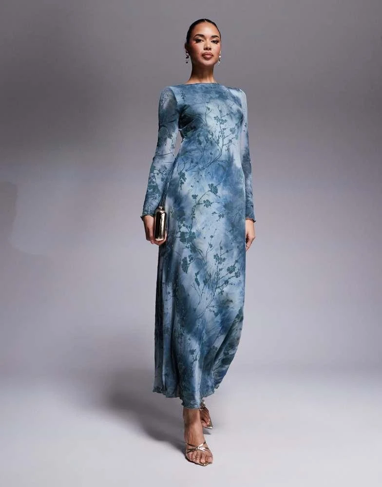 Rare Rare London flare sleeve sheer detail maxi dress in teal flower print 4