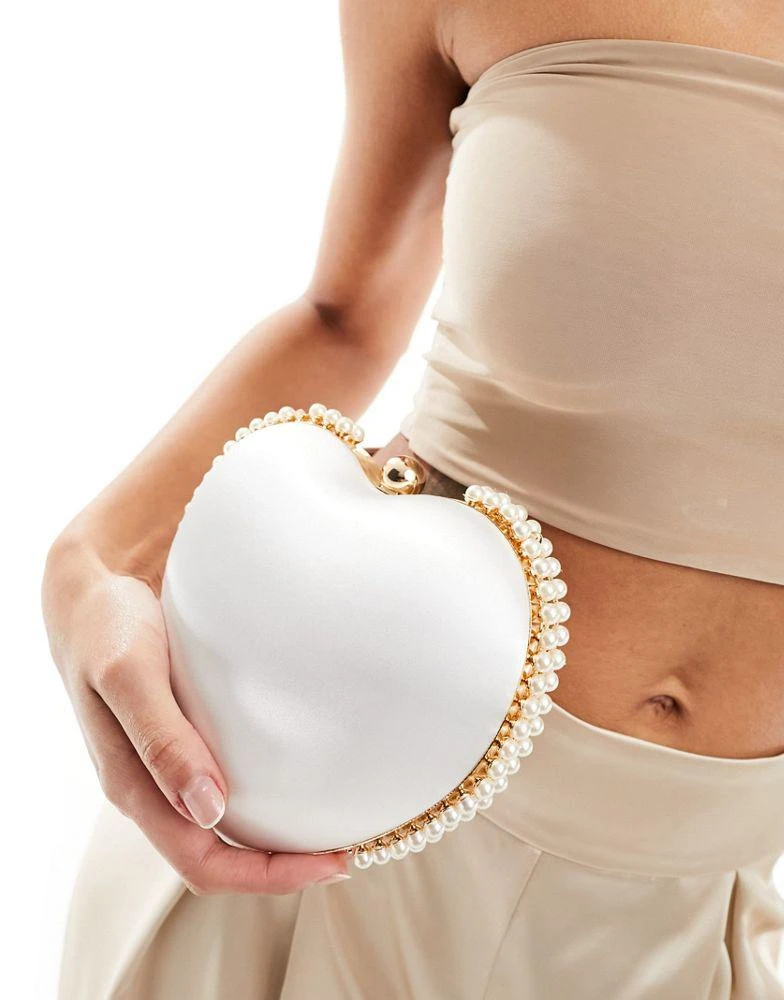 True Decadence True Decadence pearl trim heart clutch bag in white satin 1