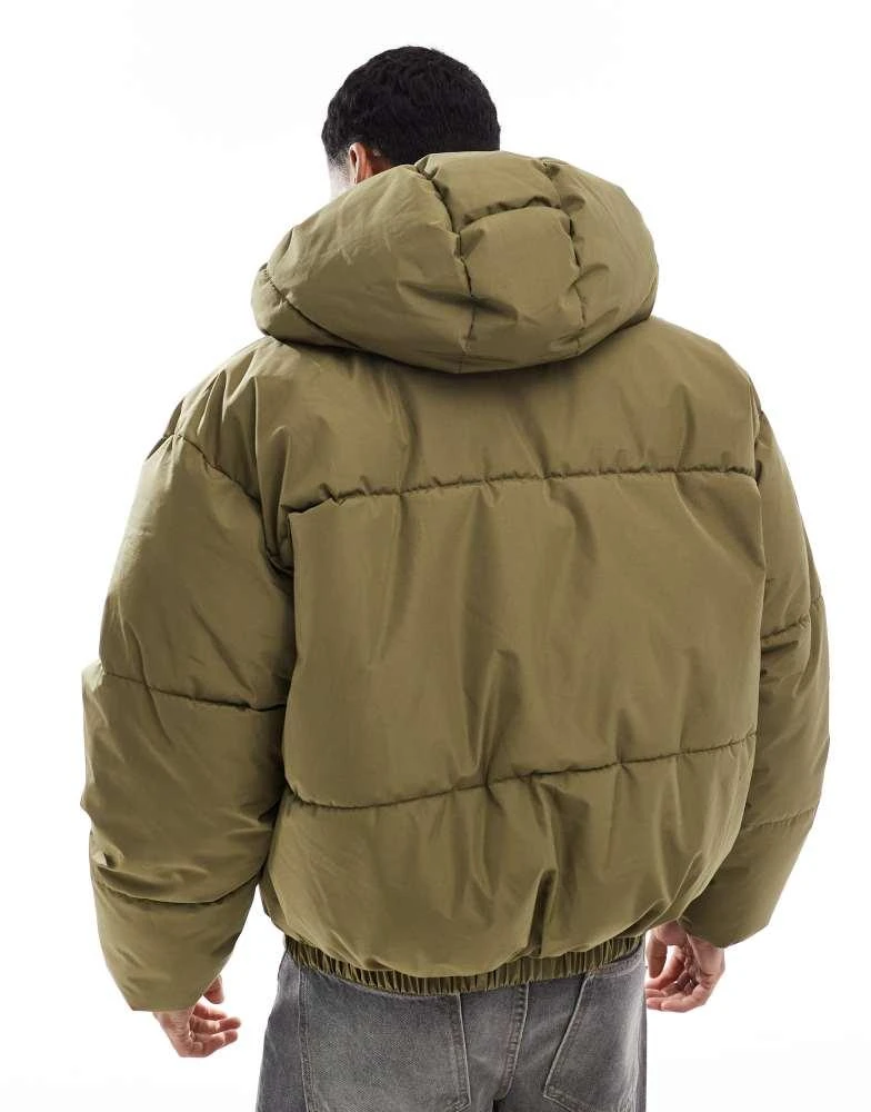 Pull&Bear Pull&Bear boxy puffer jacket with hood in khaki 4