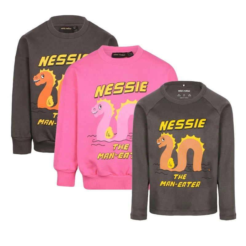 Mini Rodini Nessie the man eater long sleeve sweatshirts and long sleeved t shirt set in pink and dark brown 1
