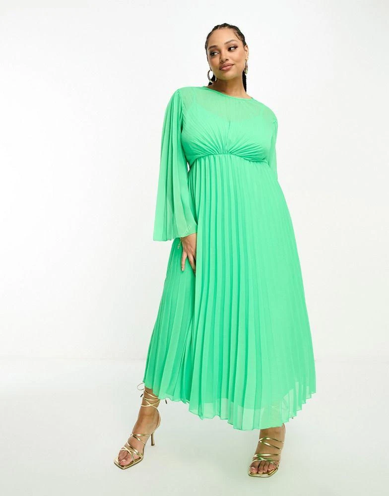 ASOS Curve ASOS DESIGN Curve tie back fluted sleeve pleated midi dress in green 3