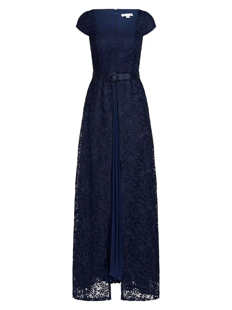 Kay Unger Claudia Lace-Chiffon Pleated Gown