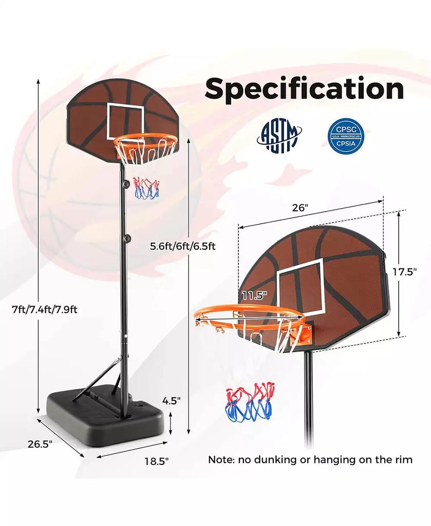 Costway Basketball Hoop 5.6-6.5 FT Height Adjustable for Kids with Shatterproof Backboard