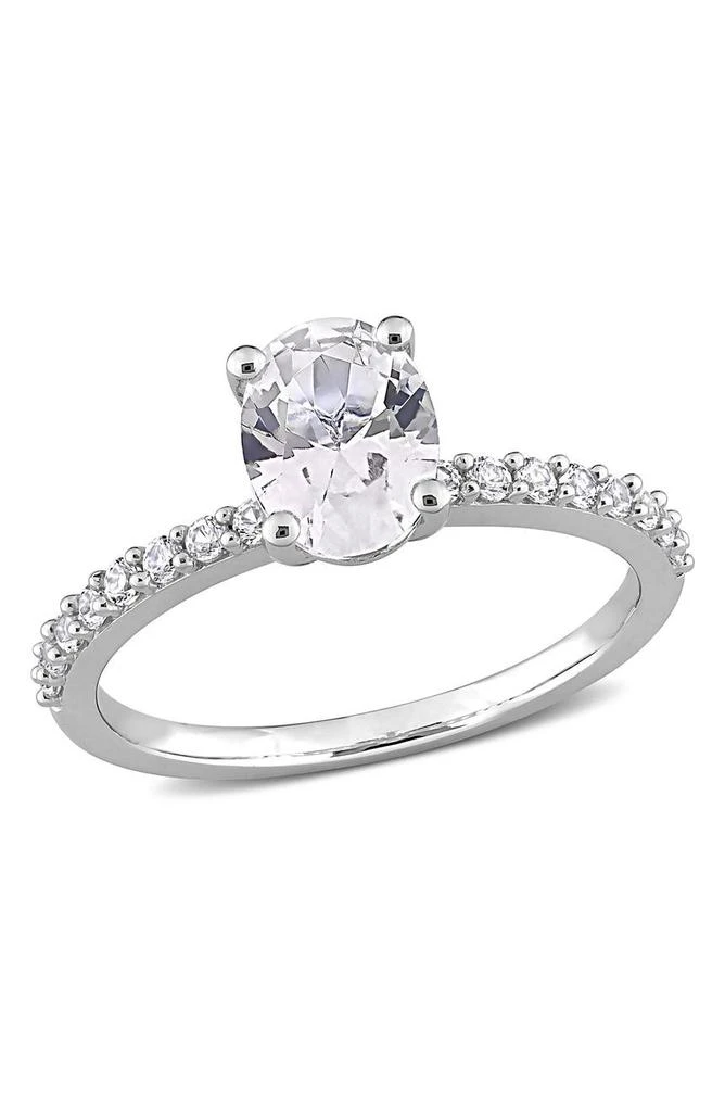 DELMAR 10K White Gold Plated Sterling Silver Oval Shape Created White Sapphire Ring