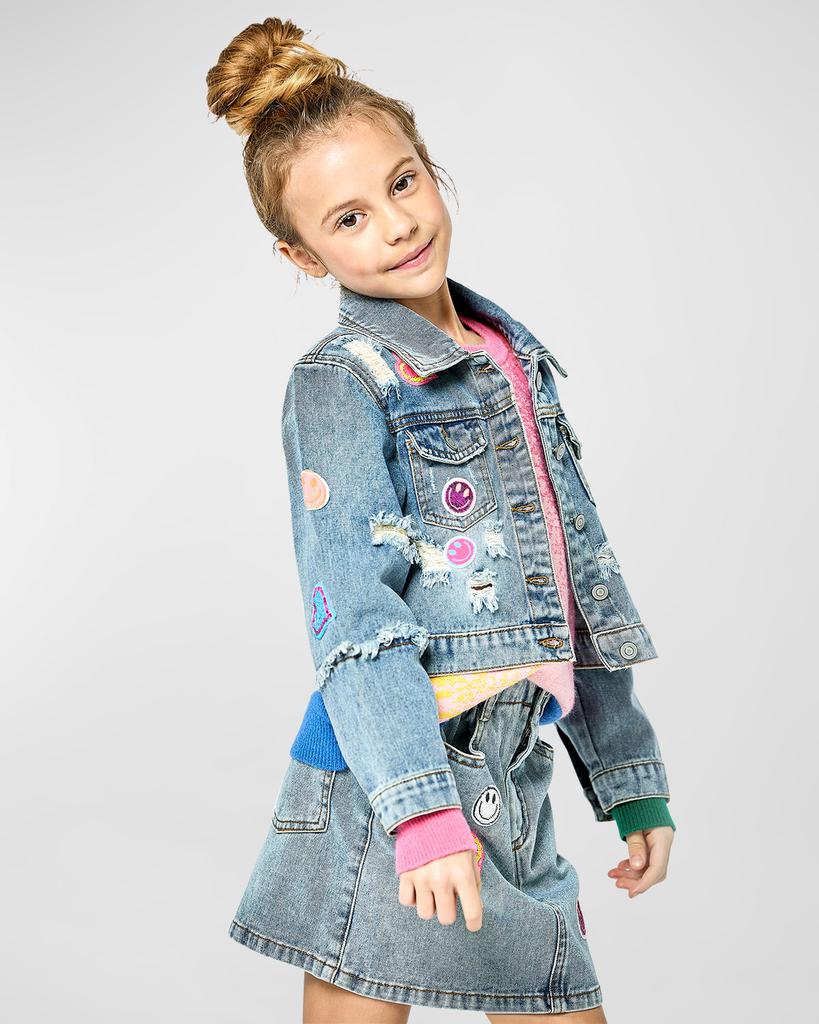 Hannah Banana Girl's Denim Jacket With Multicolor Patches, Size 4-14