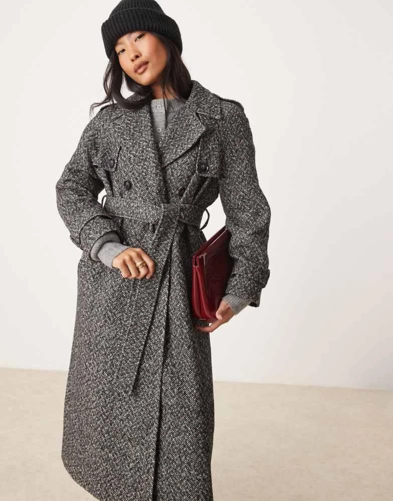 Miss Selfridge Miss Selfridge Petite herringbone belted trench coat in mono 3