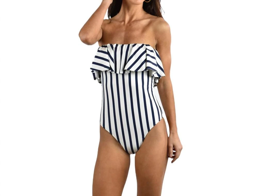 Milly Stripe Ruffle Top One Piece In Ivory/navy 1