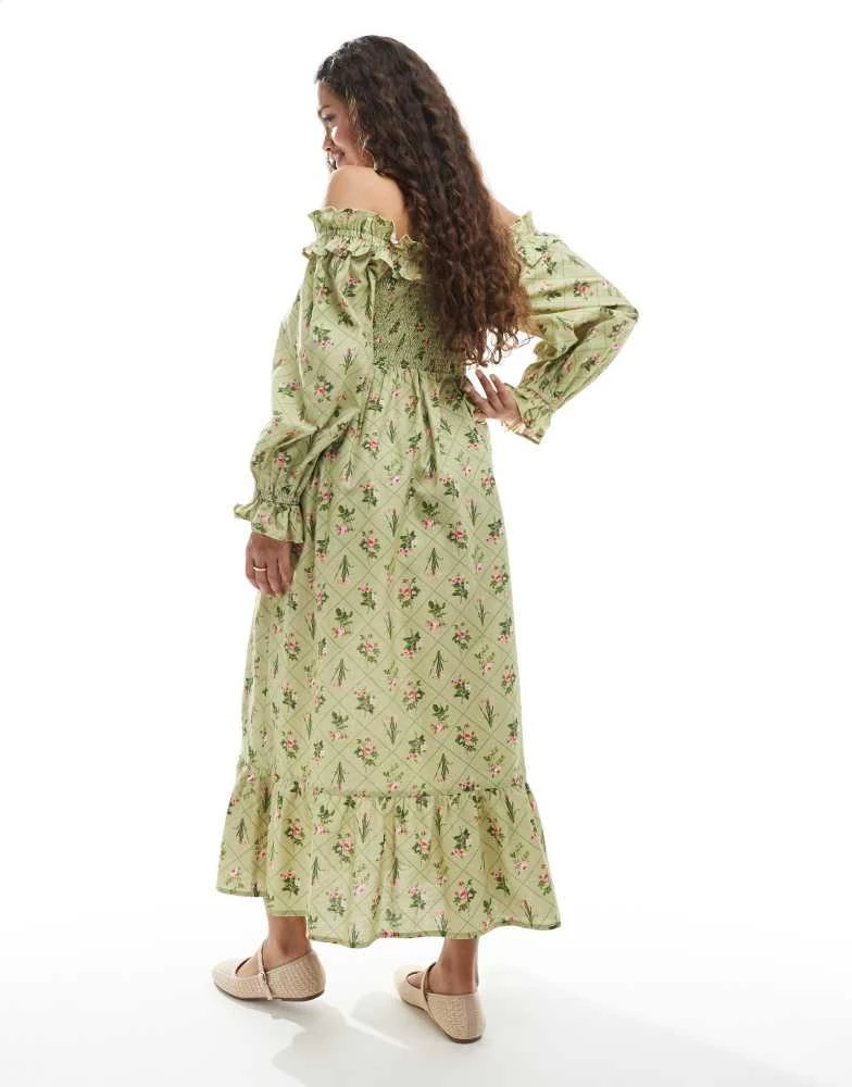 Miss Selfridge Miss Selfridge Petite printed linen bardot maxi dress in green floral 2