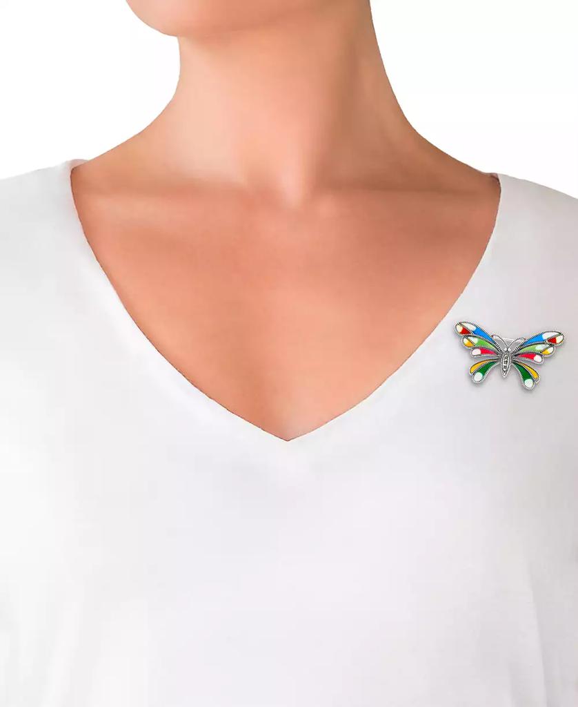 Macy's Marcasite (1/10 ct. t.w.), Cubic Zirconia, & Multicolor Enamel Butterfly Pin in Sterling Silver