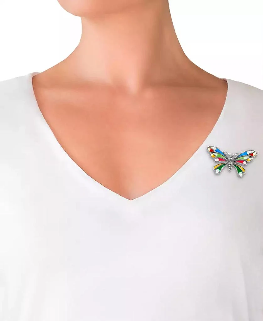 Macy's Marcasite (1/10 ct. t.w.), Cubic Zirconia, & Multicolor Enamel Butterfly Pin in Sterling Silver 2