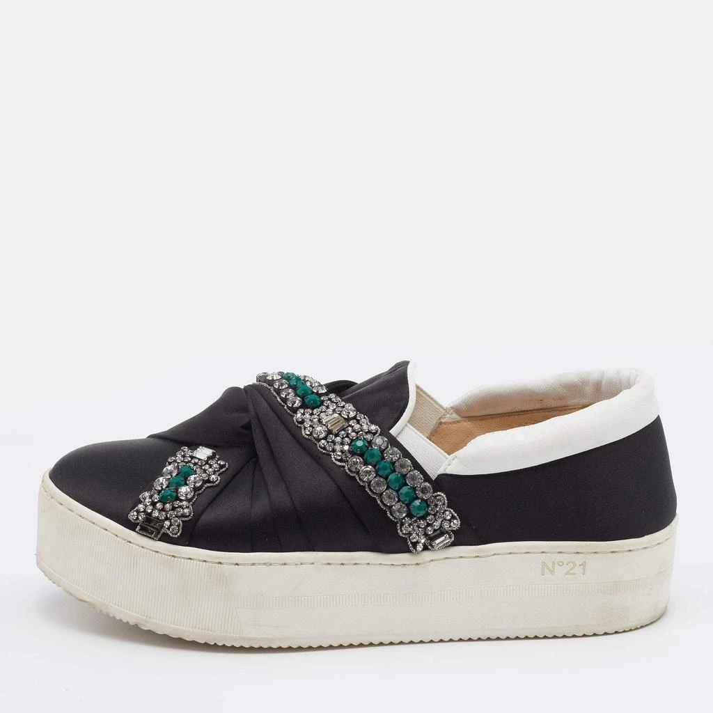 N°21 N21 Black/White Satin And Leather Crystal Embellished Platform Slip On Sneakers Size 37 1