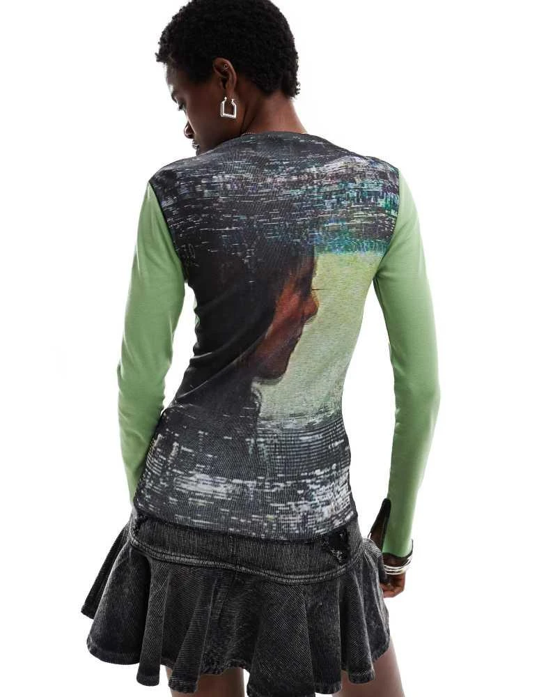 Basic Pleasure Mode Basic Pleasure Mode analogue printed long sleeve mesh top in multi 4
