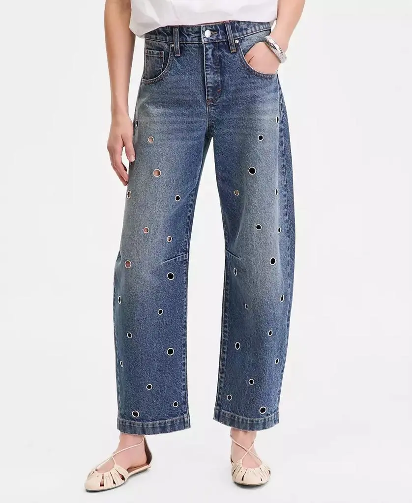 INC International Women's High-Rise Grommet Barrel-Leg Jeans, Macy's Exclusive