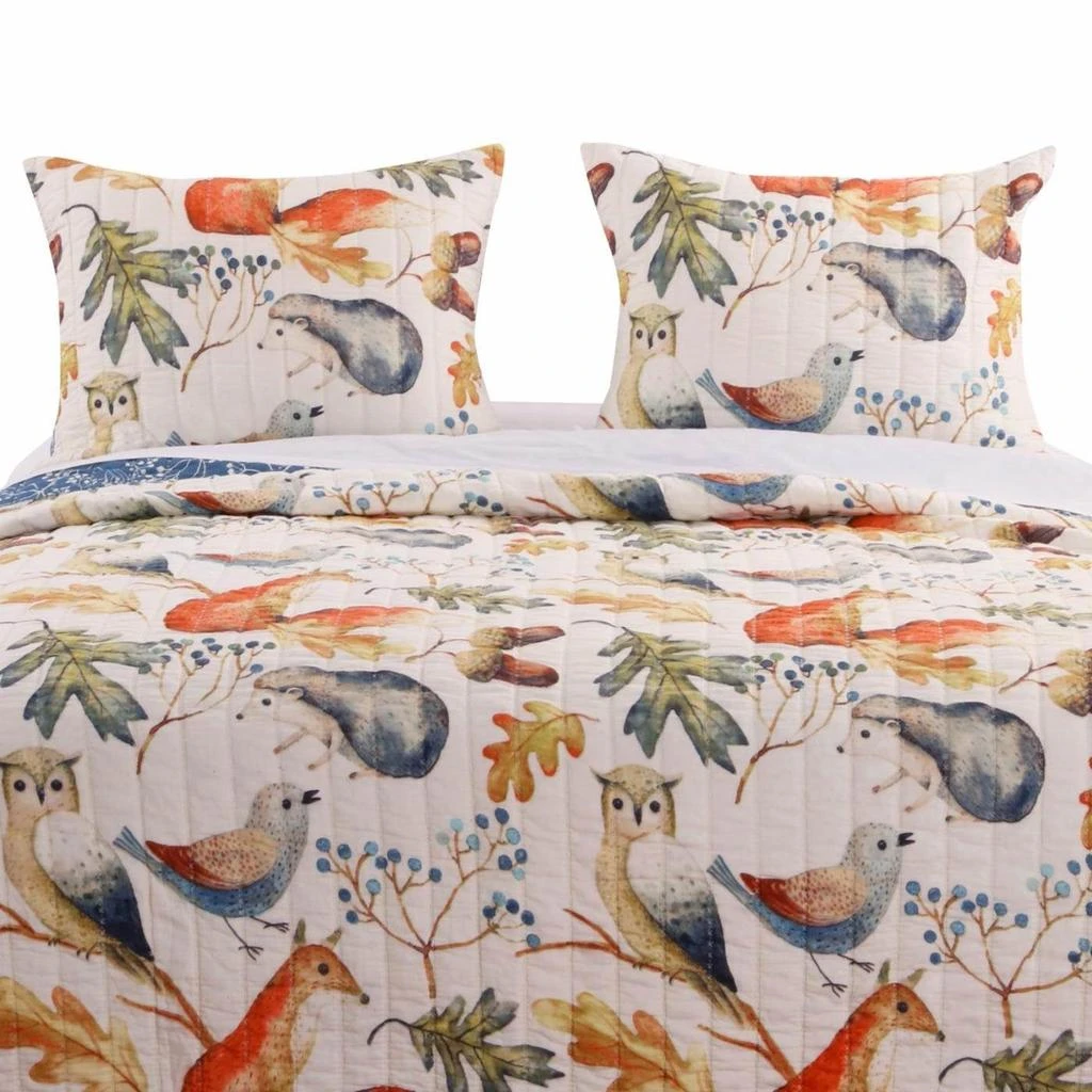 Hivvago Blue Beige Birds Animals Floral Microfiber Reversible Quilt Set