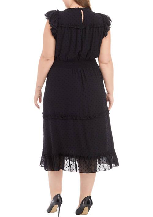 CeCe Plus Size Flutter Sleeve Slip Dot Midi Dress