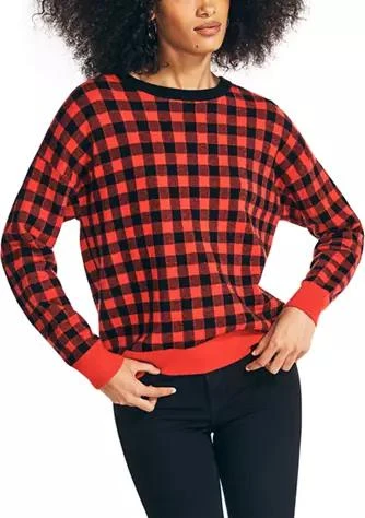 Nautica Womens Jacquard Gingham Crew Neck Sweater 1
