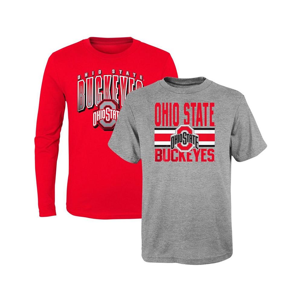 Outerstuff Preschool Boys and Girls Scarlet, Heather Gray Ohio State Buckeyes Fan Wave Short and Long Sleeve T-shirt Combo Pack