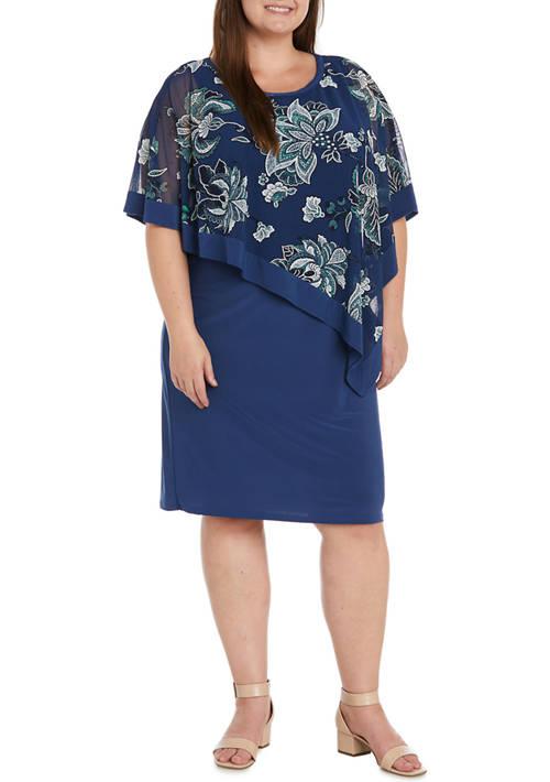 R & M Richards M Richards Plus Size Printed Mesh Capelet Dress