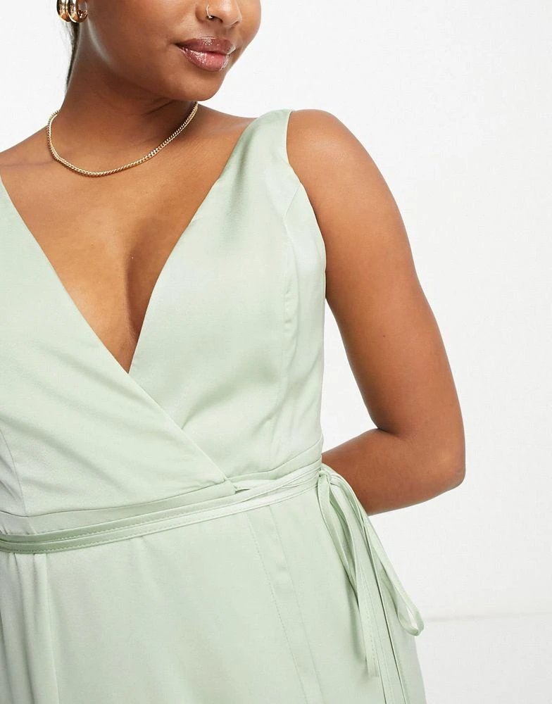 ASOS ASOS DESIGN Petite Bridesmaid satin wrap maxi dress with tie detail in sage 2