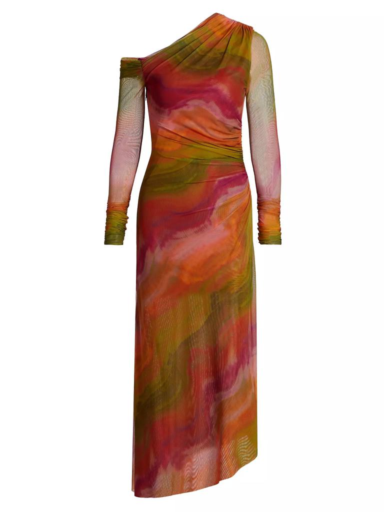 AMUR Drena Abstract Mesh One-Shoulder Midi-Dress