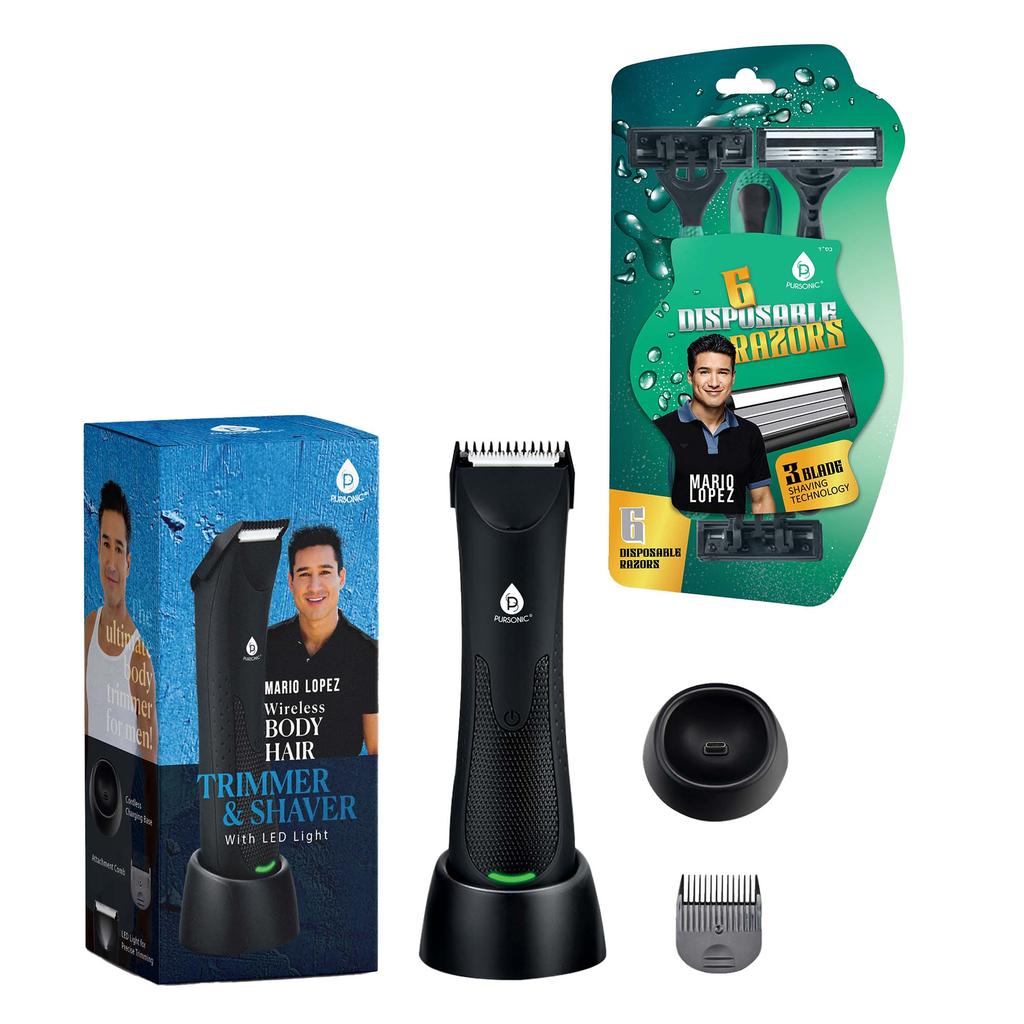 PURSONIC Pursonic - Mario Lopez Wireless Body Hair Trimmer & Shaver and Mario Lopez Disposable Razors - 3 Blade Shaving Surface Technology