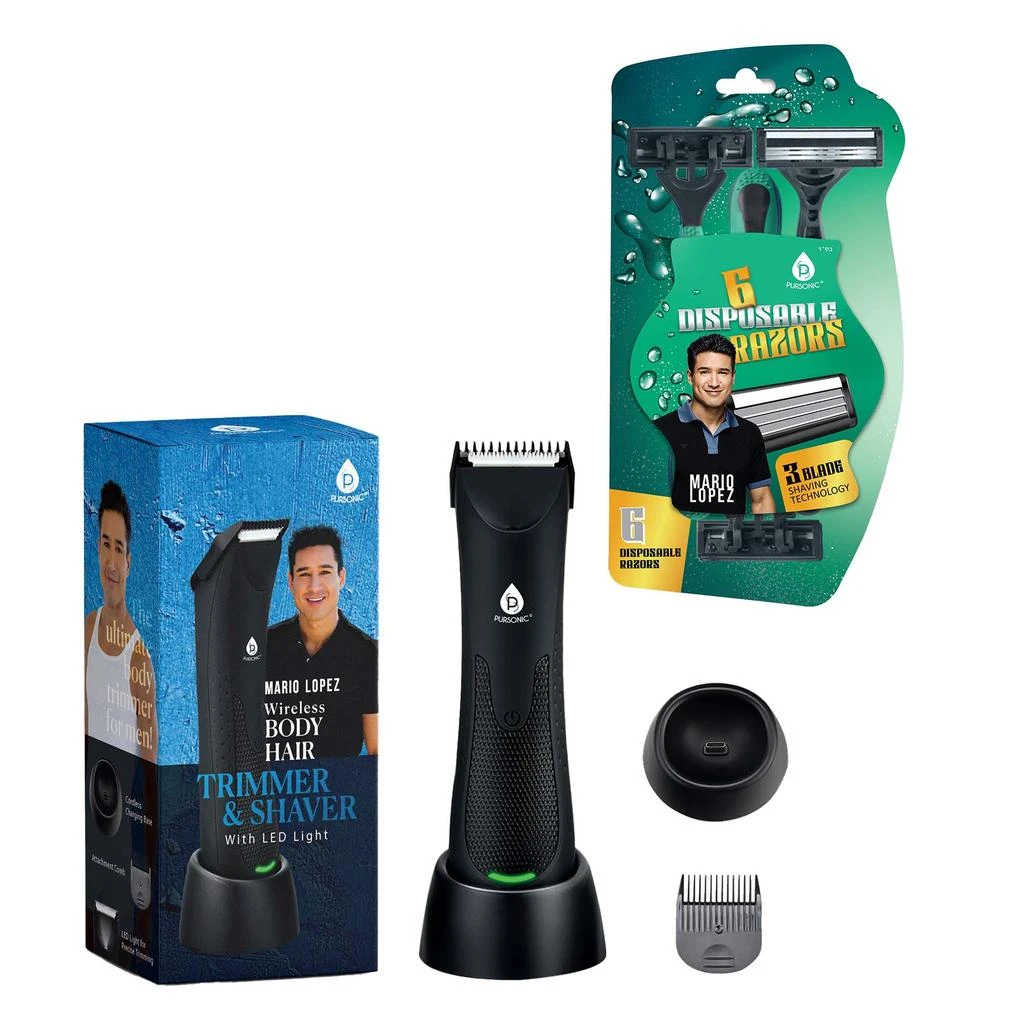 PURSONIC Pursonic - Mario Lopez Wireless Body Hair Trimmer & Shaver and Mario Lopez Disposable Razors - 3 Blade Shaving Surface Technology 1