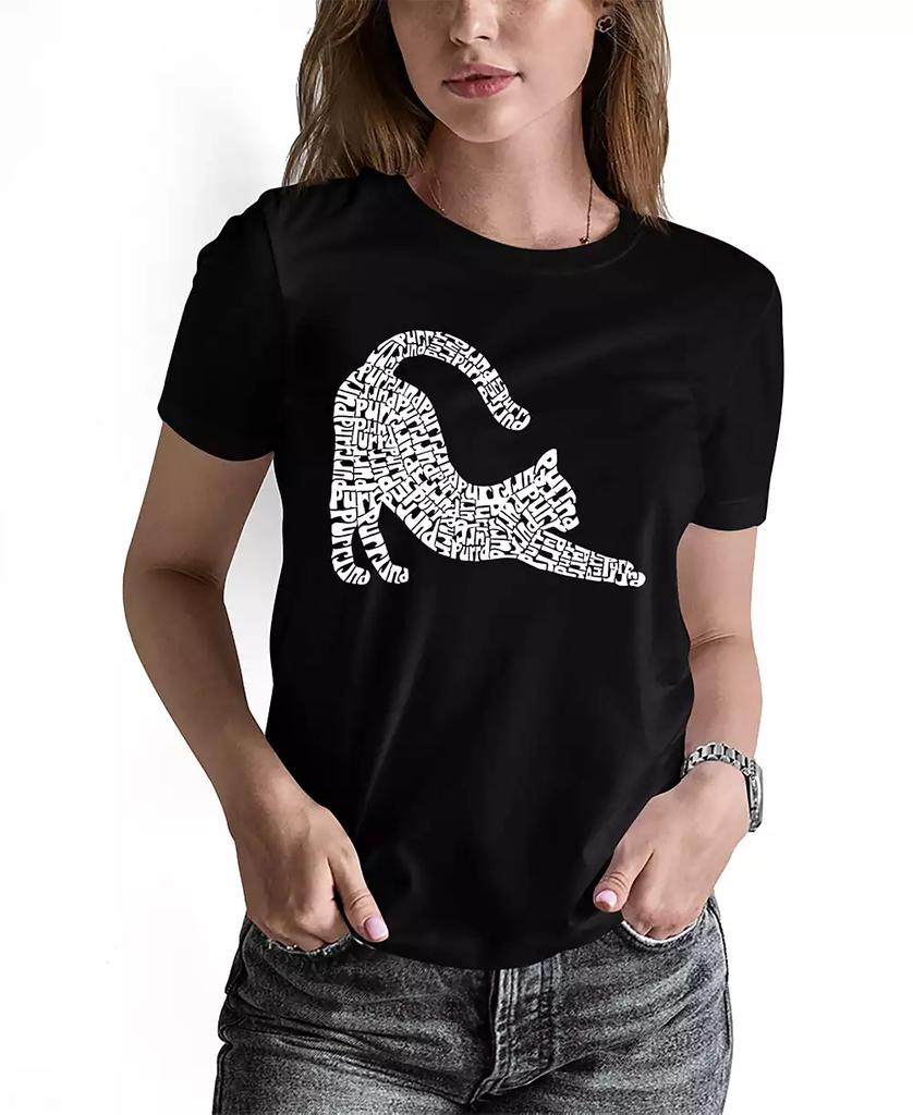 LA Pop Art Women's Stretching Cat Word Art Crew Neck T-shirt