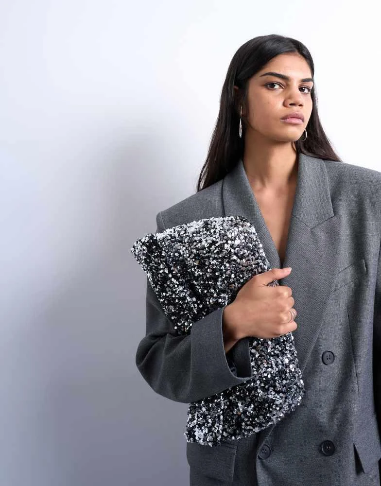 Topshop Topshop Georgia folded clutch grab sequin bag in silver 3