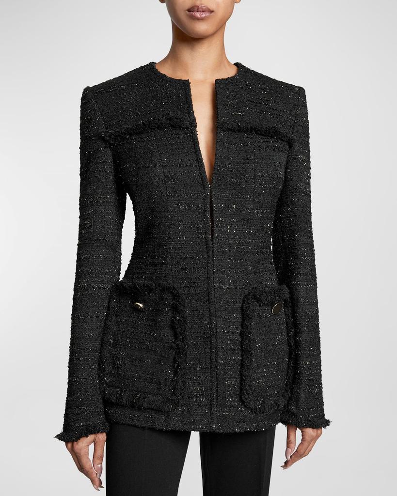 Santorelli Britt Fringe-Trim Speckled Tweed Jacket