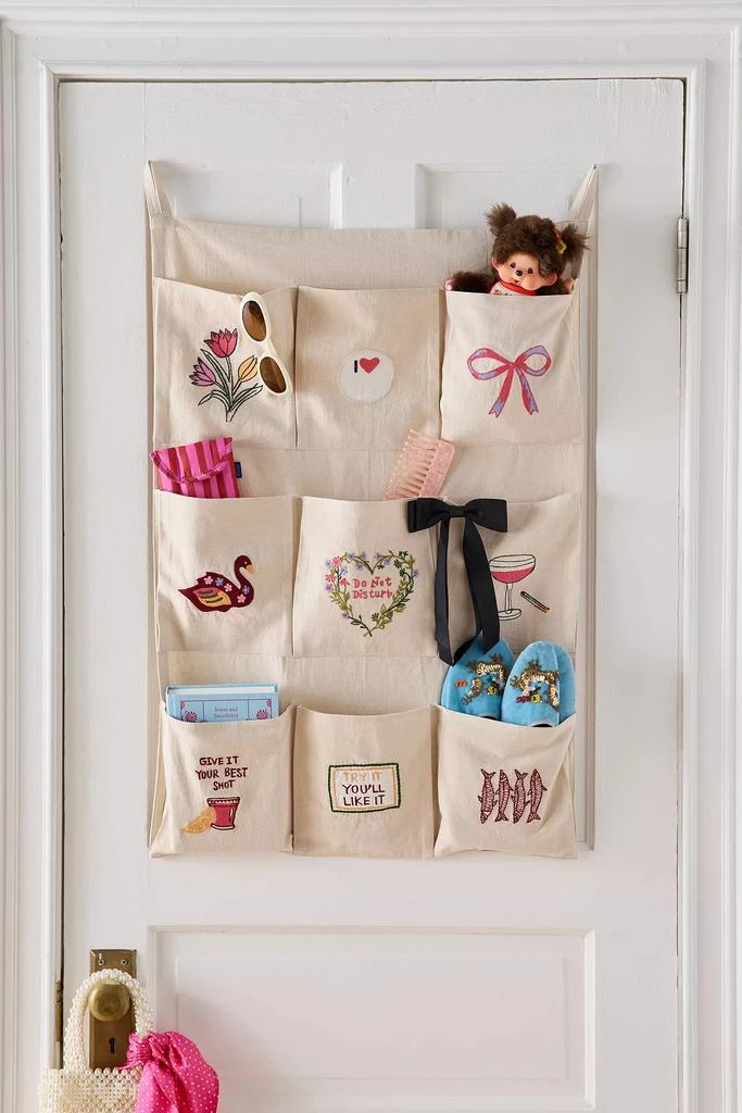 Urban Outfitters Embroidered Graphic 9-Pocket Storage Wall Hanging 1
