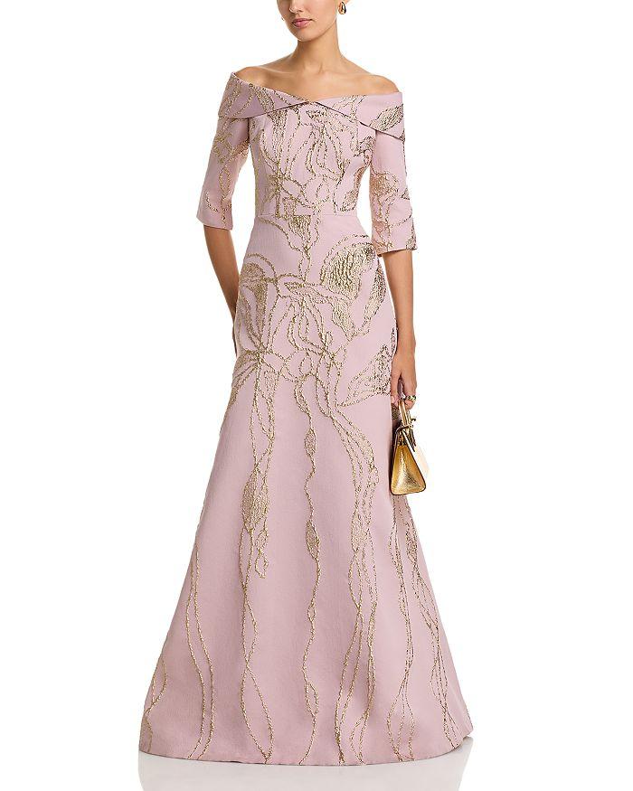 Teri Jon Jacquard Folded Off-the-Shoulder Elbow Sleeve Gown