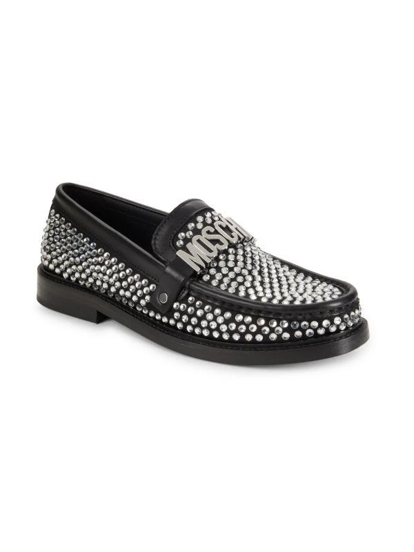 Moschino Crystal Embellished Logo Leather Loafers 2