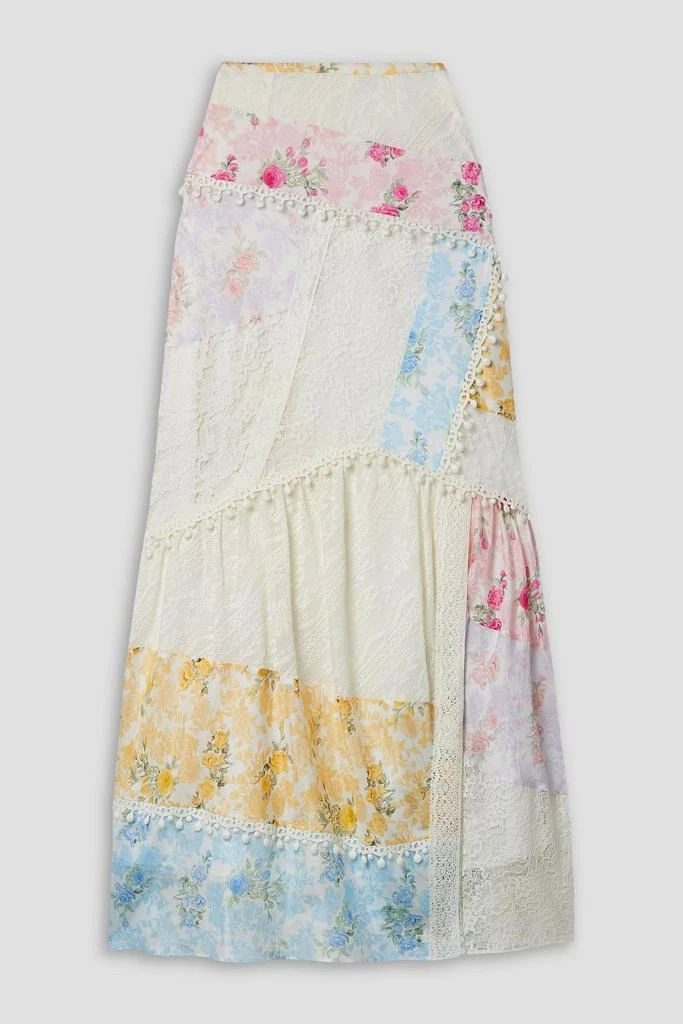 LOVESHACKFANCY Obelia patchwork lace and printed silk crepe de chine maxi skirt 1