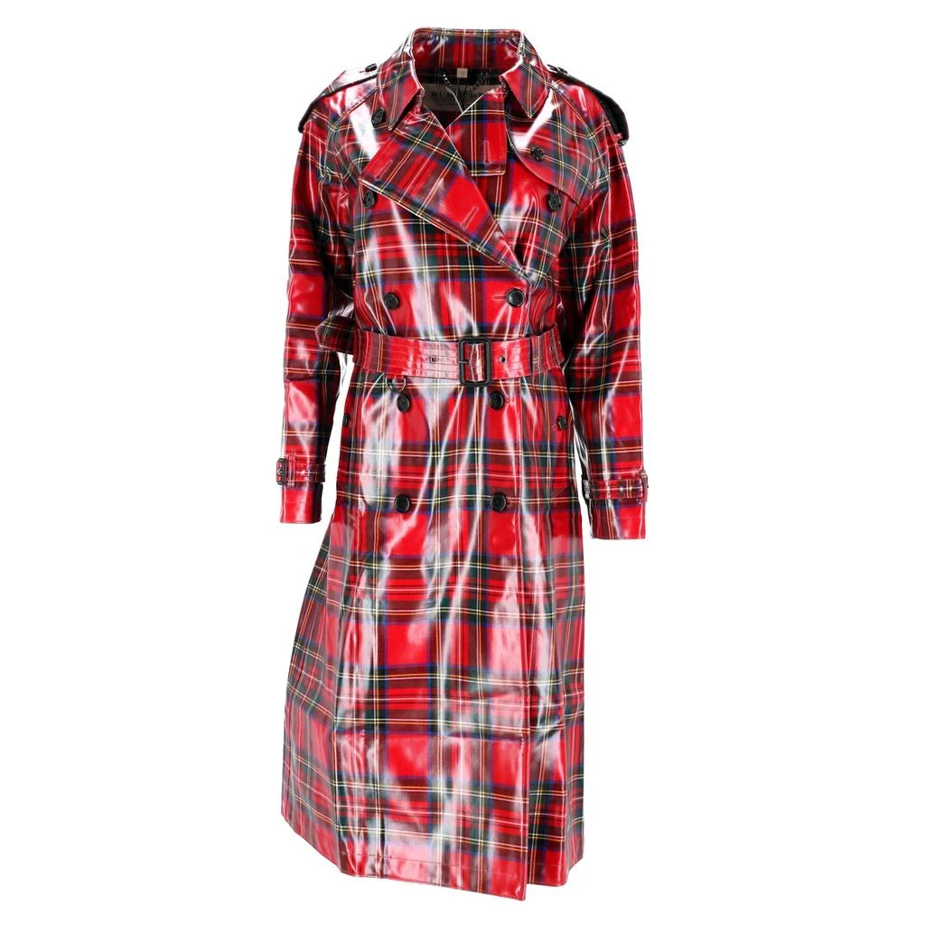 Burberry Plaid Belted Double-Breasted Trench Coat in Red Patent Wool