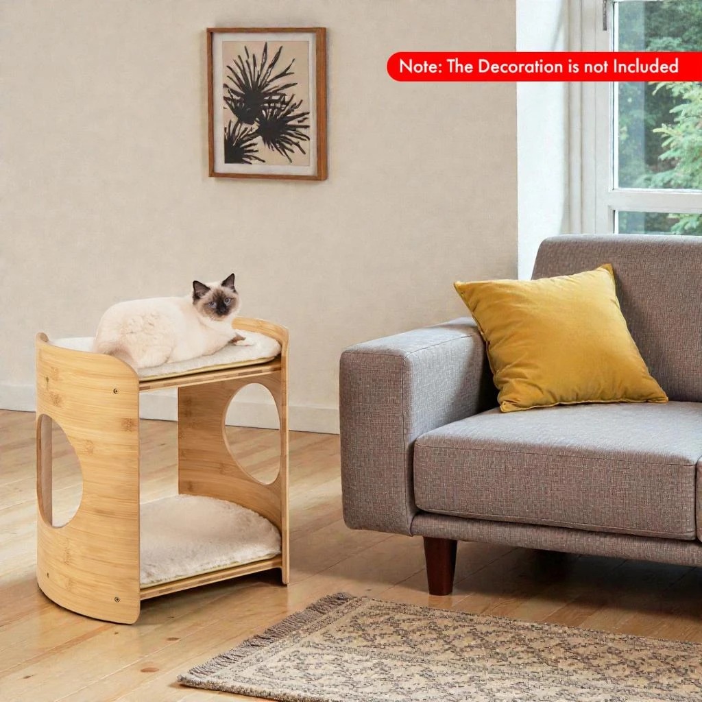 Hivvago 2-Level Compact Indoor Cat Tower with Natural Bamboo Frame 2
