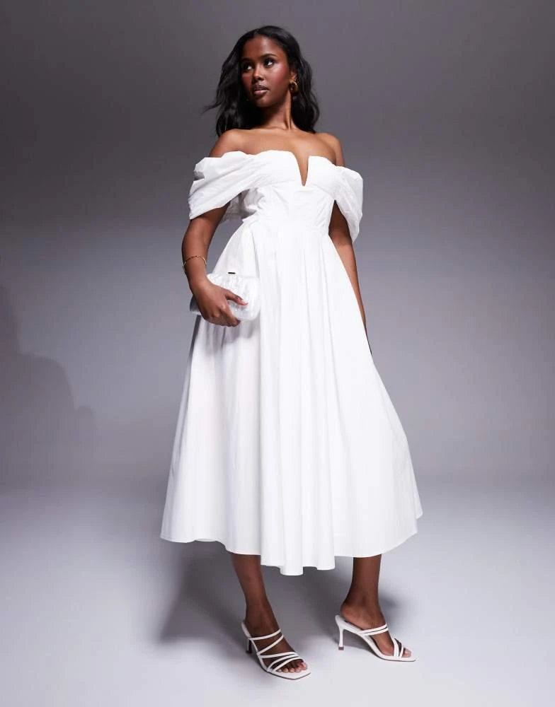 asos cotton midi dress Lulu's Lulu's bardot cotton poplin midi dress in Ivory - Ivory - M