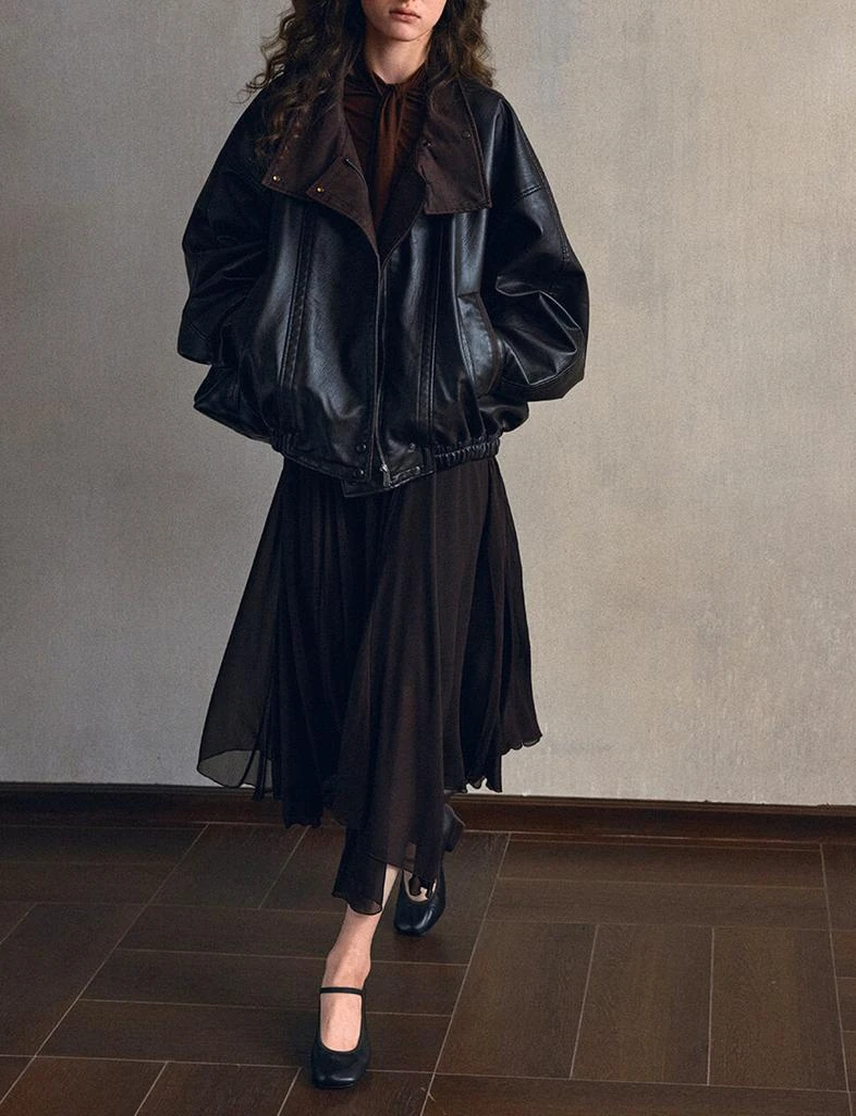 Pixie Market Black Leather Brown Funnel Neck Bomber Jacket-PREORDER 8