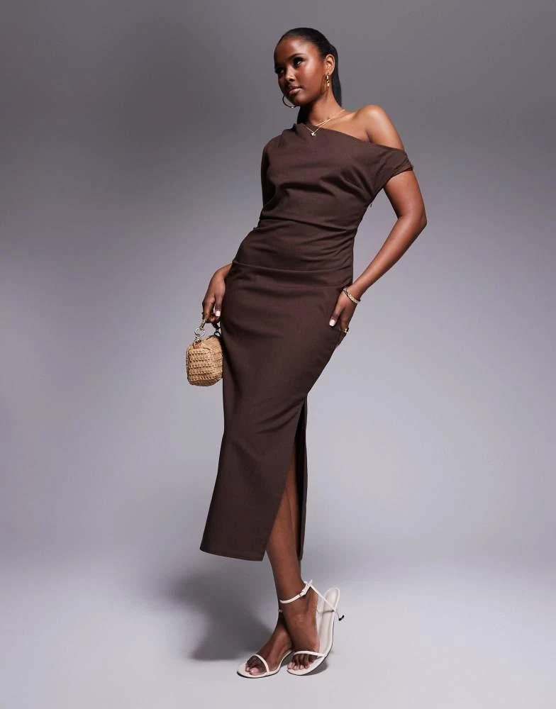 Kaiia exclusive linen look off the shoulder twist detail midi dress in chocolate brown