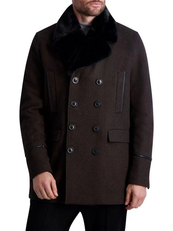 HOT Wool Blend Peacoat With Fur Collar Mens Faux Fur-Collar