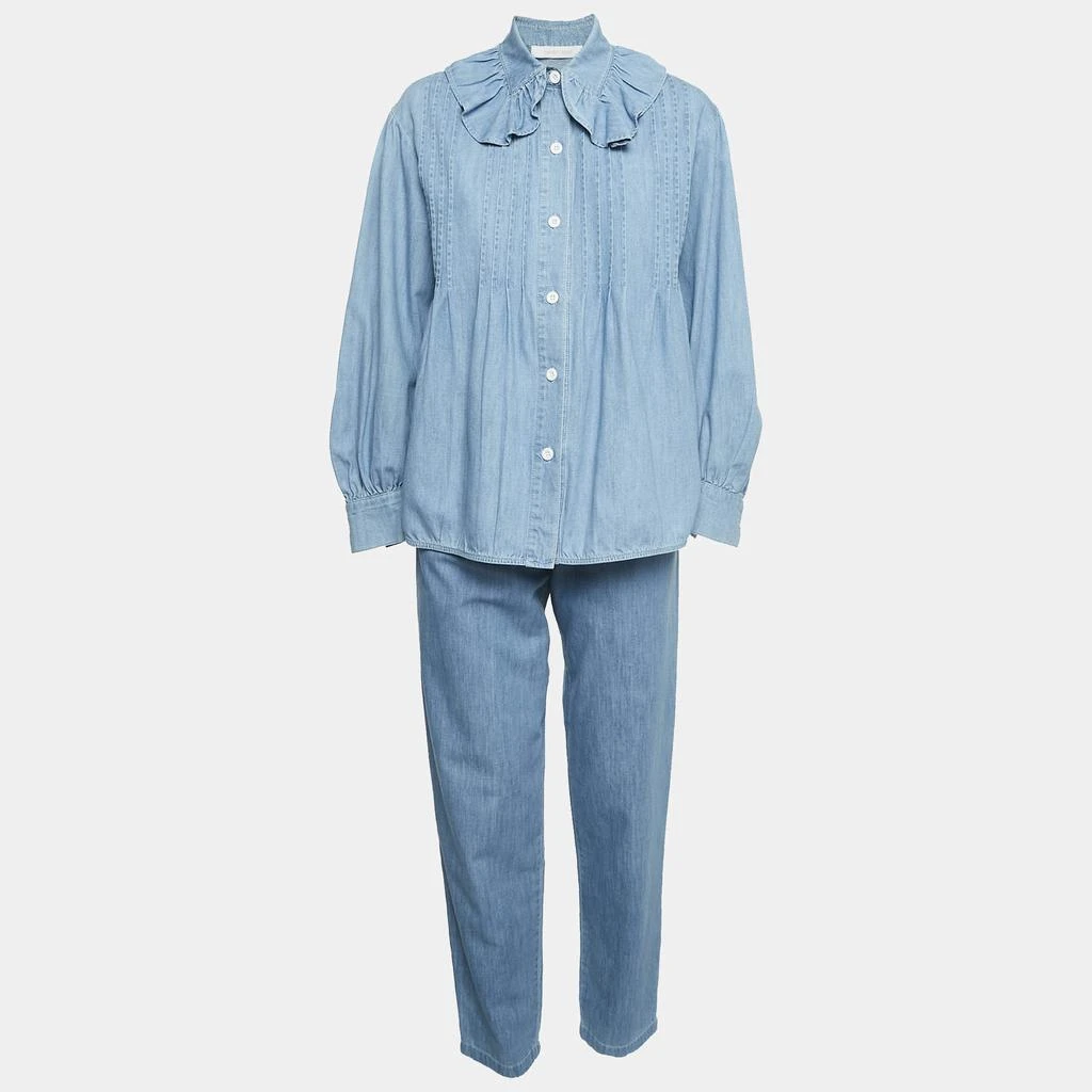 Chloé Chloe Blue Eternal Blue Denim Ruffled Blouse and Trousers Set S